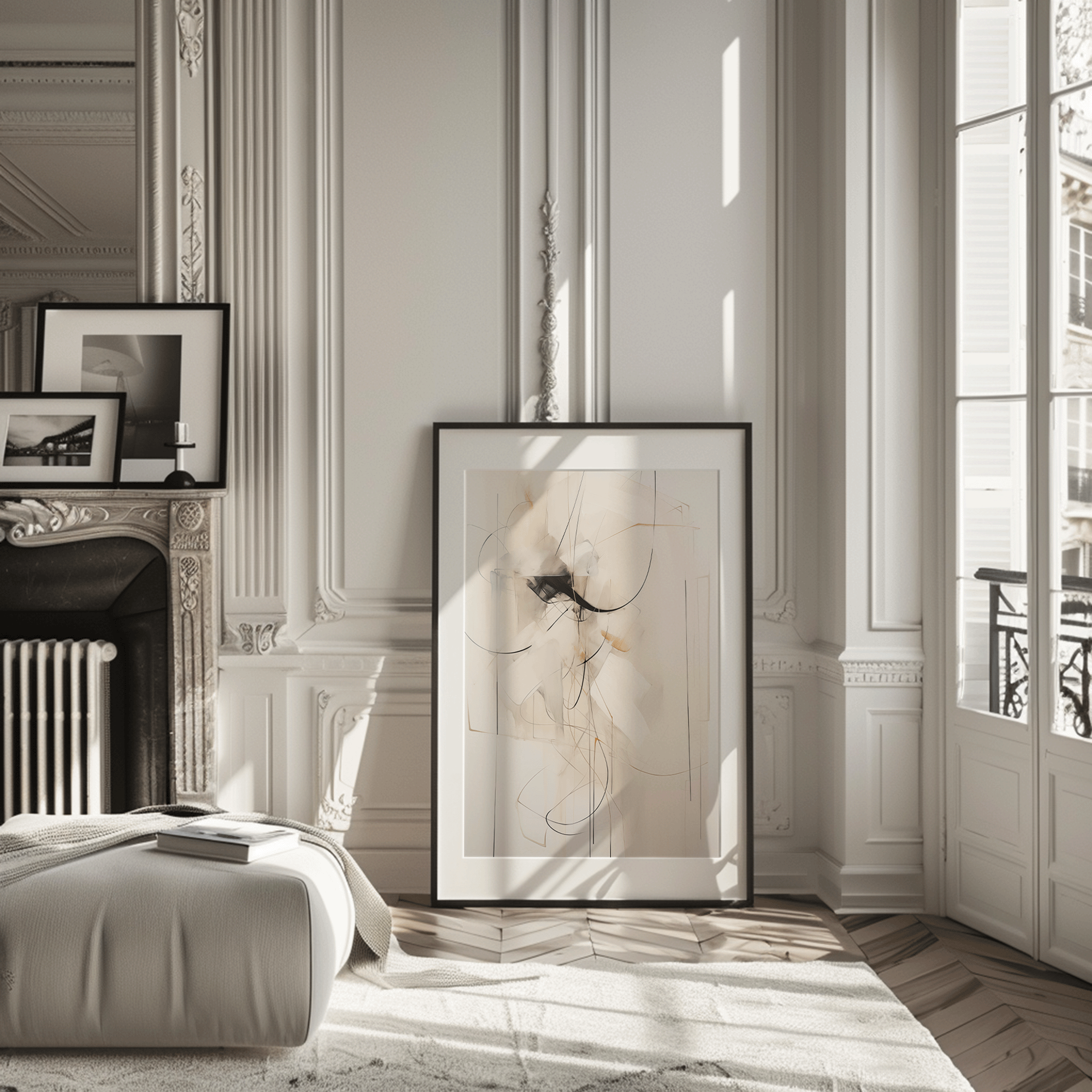 Large framed neutral abstract wall art leaning against wall in bright Parisian living room apartment.