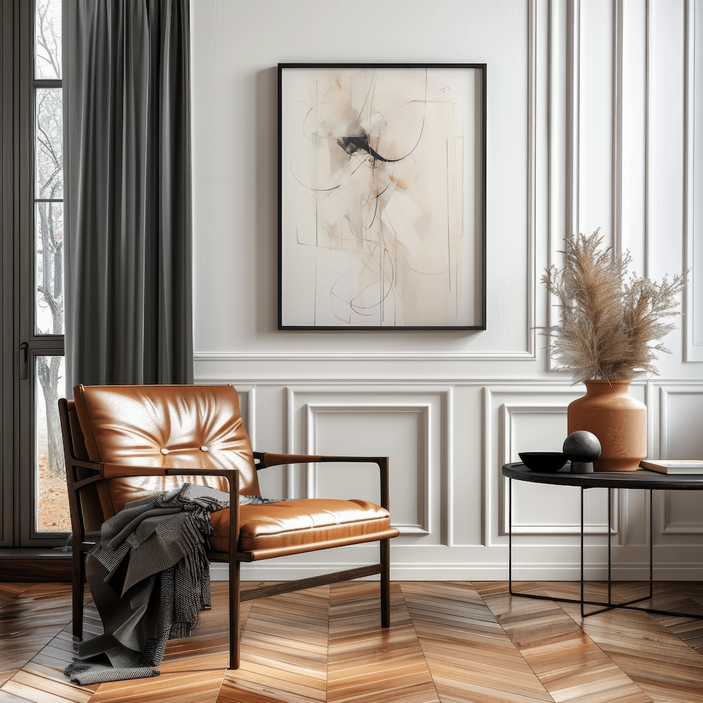 Neutral abstract wall art framed in black above leather chair and pampas grass in modern living room