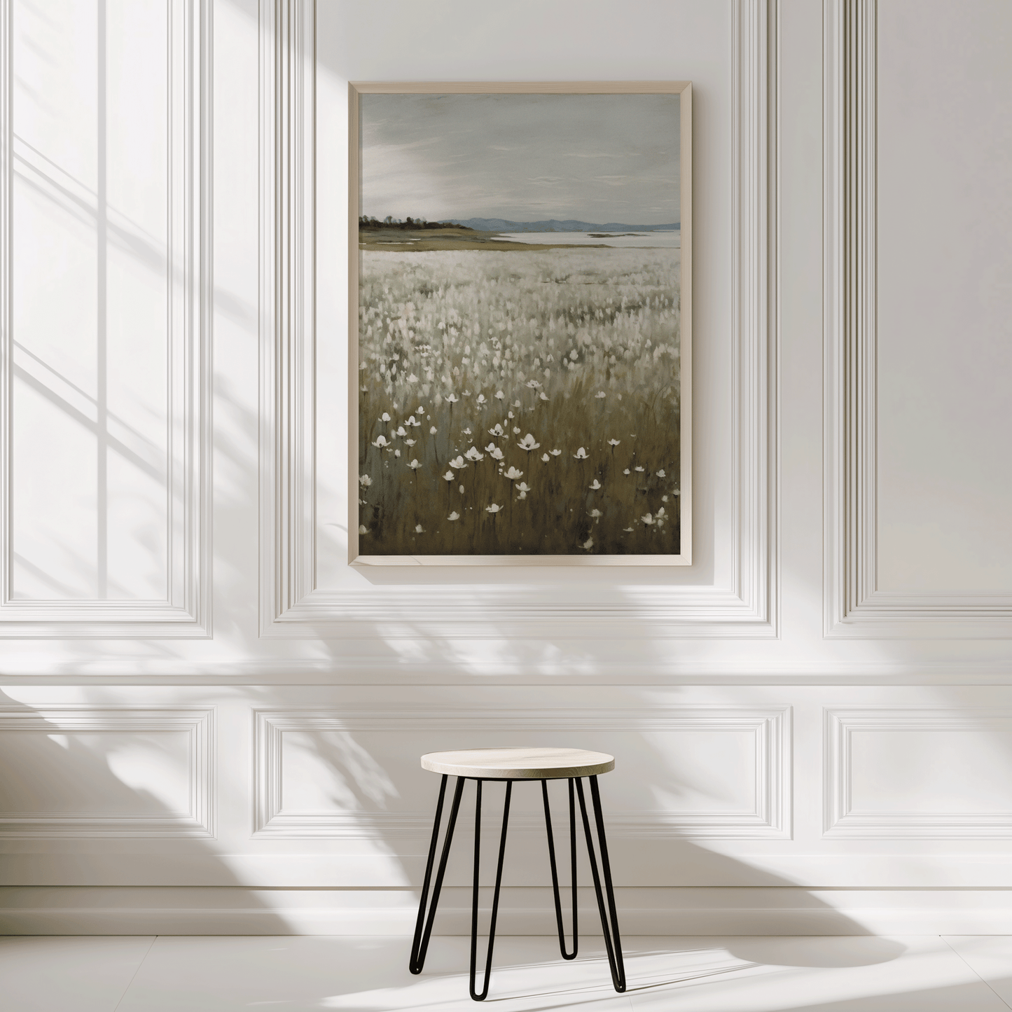 Minimal framed wall art of a vintage wildflower landscape with muted nature tones, styled in a bright interior — ideal for hallways, entryways, dining rooms, or serene rustic décor.