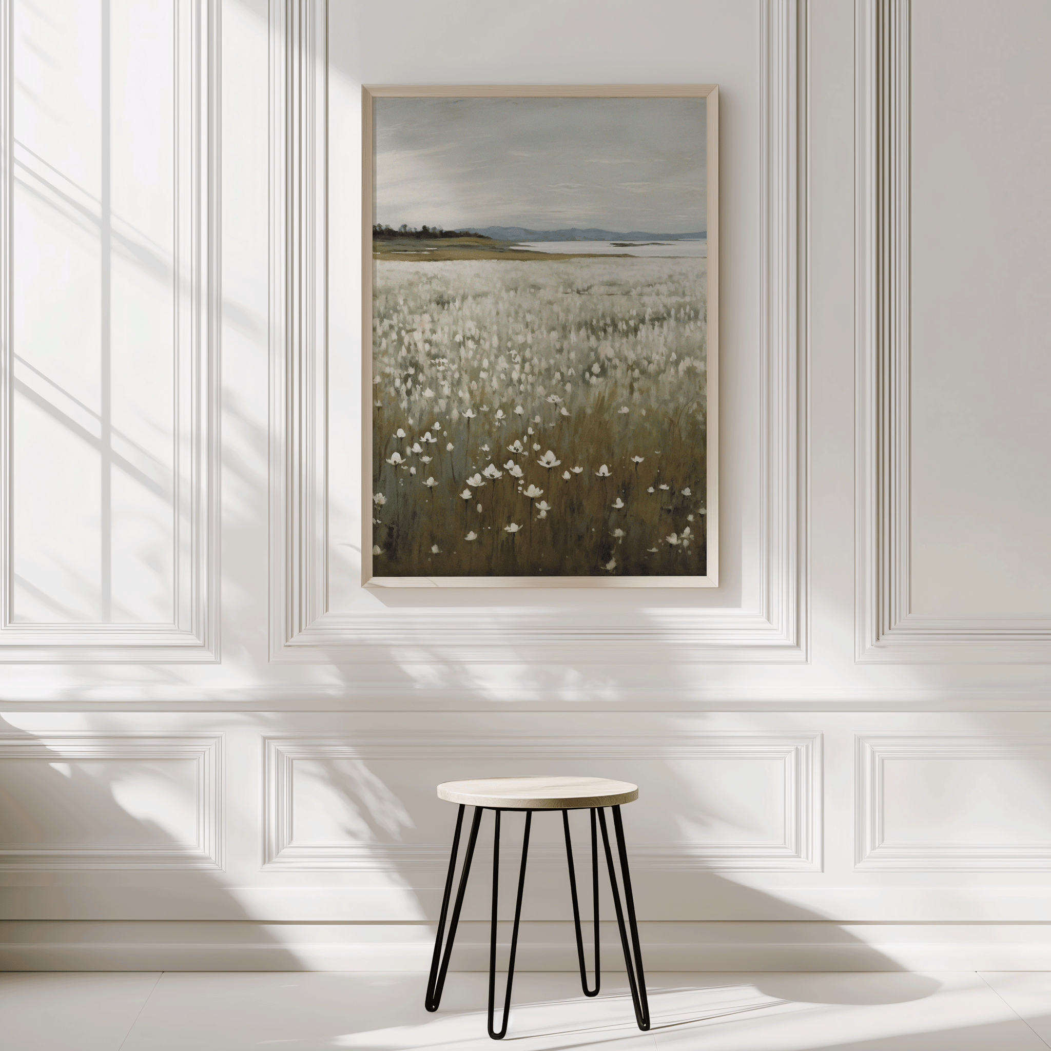 Minimal framed wall art of a vintage wildflower landscape with muted nature tones, styled in a bright interior — ideal for hallways, entryways, dining rooms, or serene rustic décor.