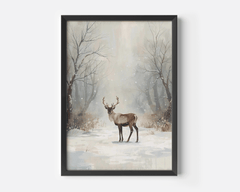 Snowy forest deer wall art in a black frame with bare trees, falling snow and muted beige tones