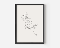 Large minimalist botanical line sketch wall art in black wood frame with beige and grey shadows and leaves on branches