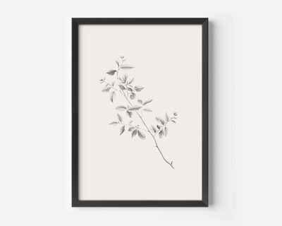 Large minimalist botanical line sketch wall art in black wood frame with beige and grey shadows and leaves on branches