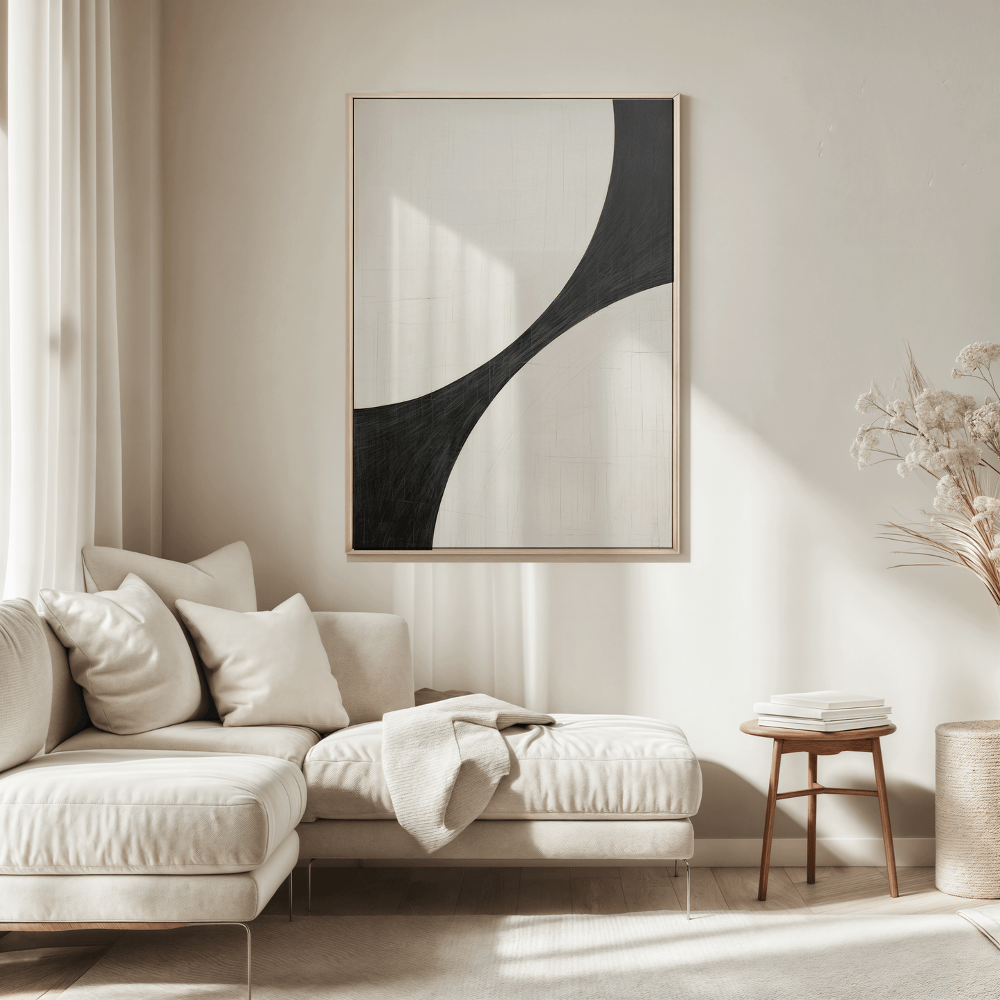 Large framed curve abstract hung above a light neutral sectional with soft daylight and dried botanicals.