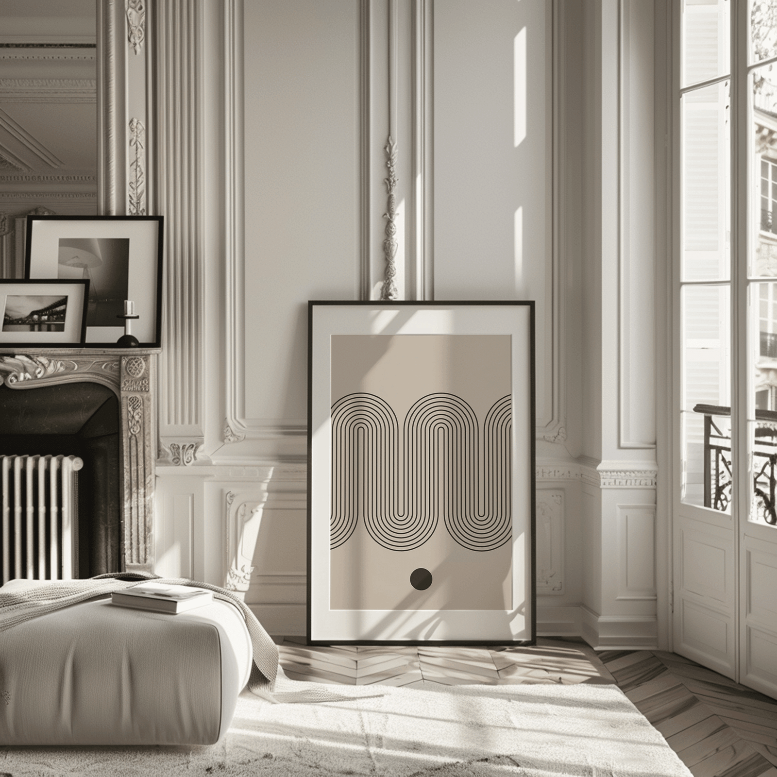 Minimalist curved wave line art in a black frame leaning in a classic Parisian apartment