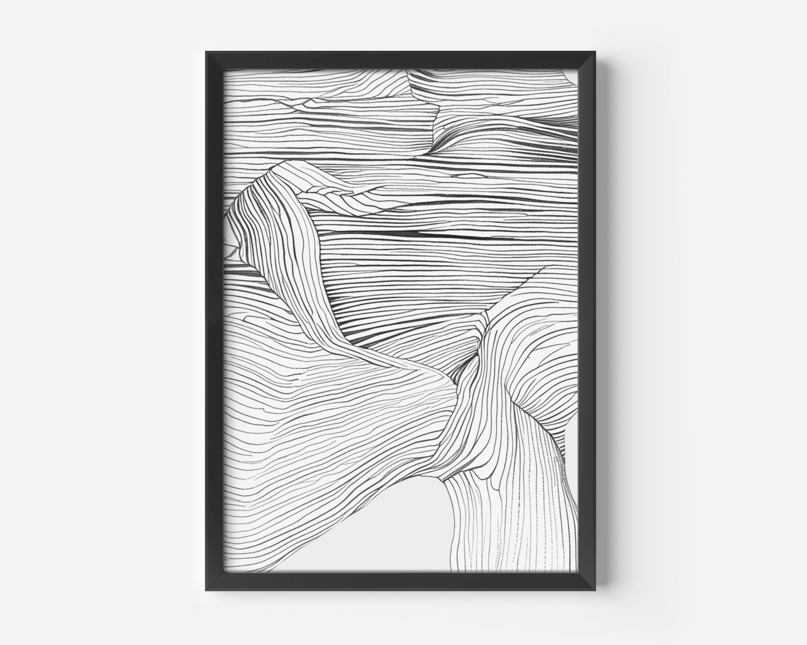 Framed black and white minimal lines  abstract artwork on a white background
