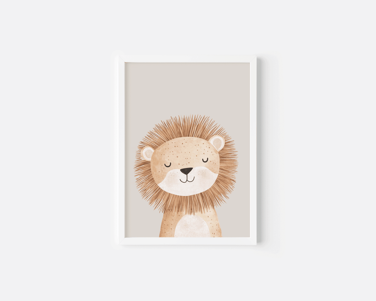 Minimalist lion nursery wall art in white frame perfect for neutral nursery decor