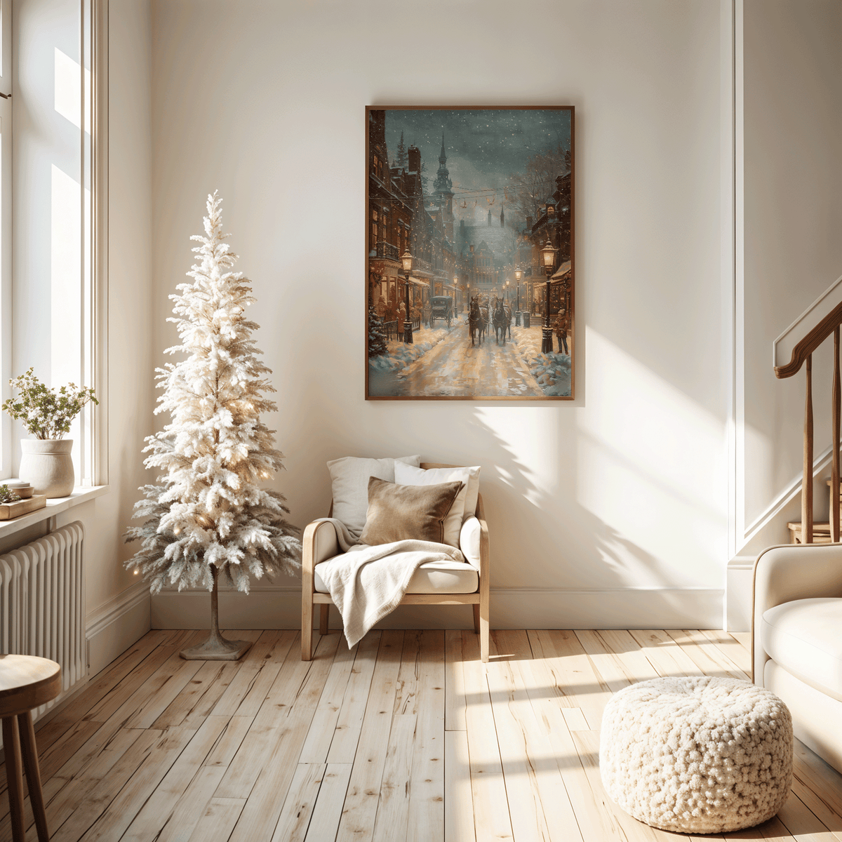 Wood-framed vintage horse and carriage Christmas print in a bright white living room beside a flocked Christmas tree, a wooden armchair and a cream pouf