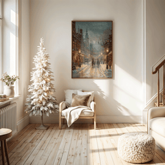 Wood-framed vintage horse and carriage Christmas print in a bright white living room beside a flocked Christmas tree, a wooden armchair and a cream pouf