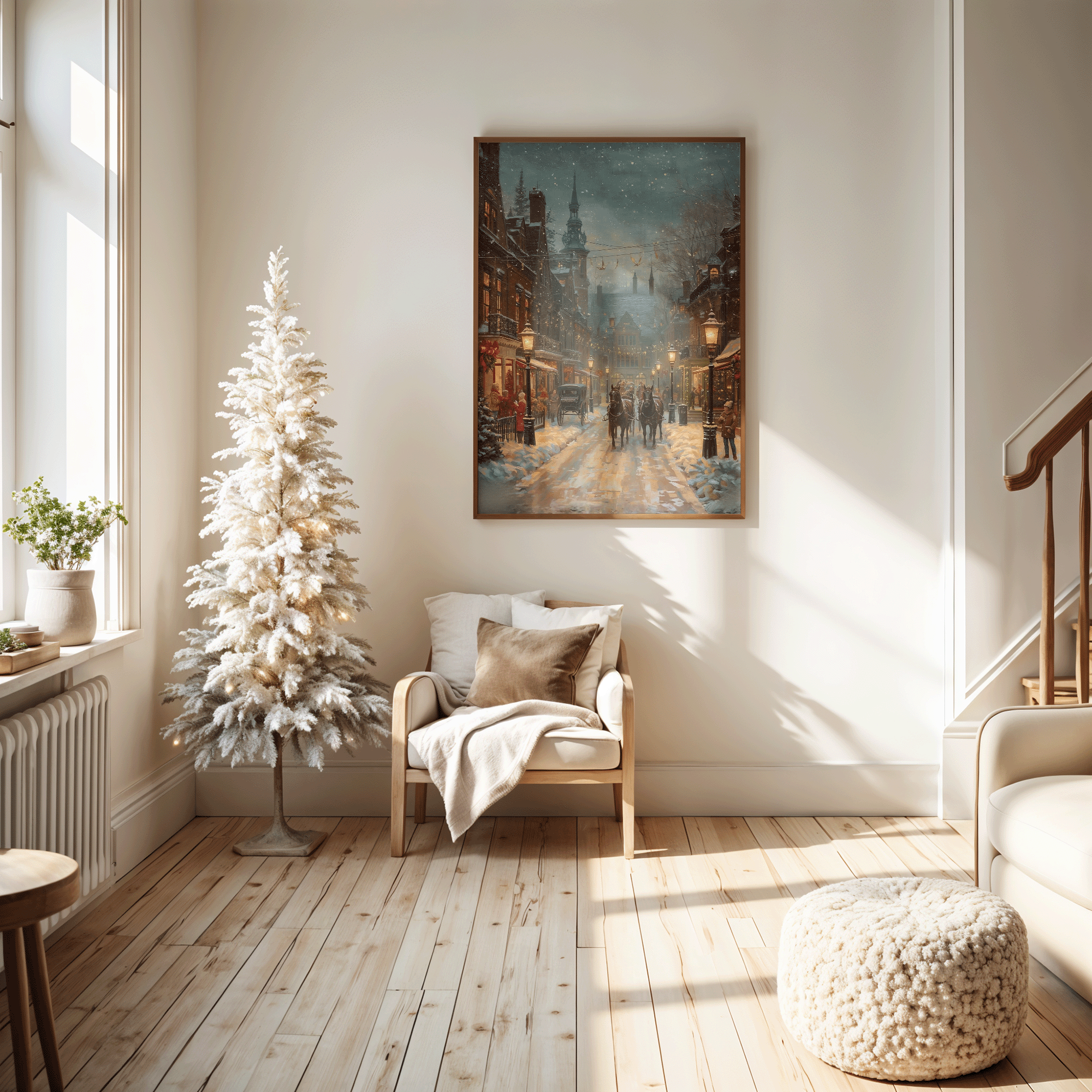 Vintage Christmas Carriage Wall Art | Snowy Winter Village Print