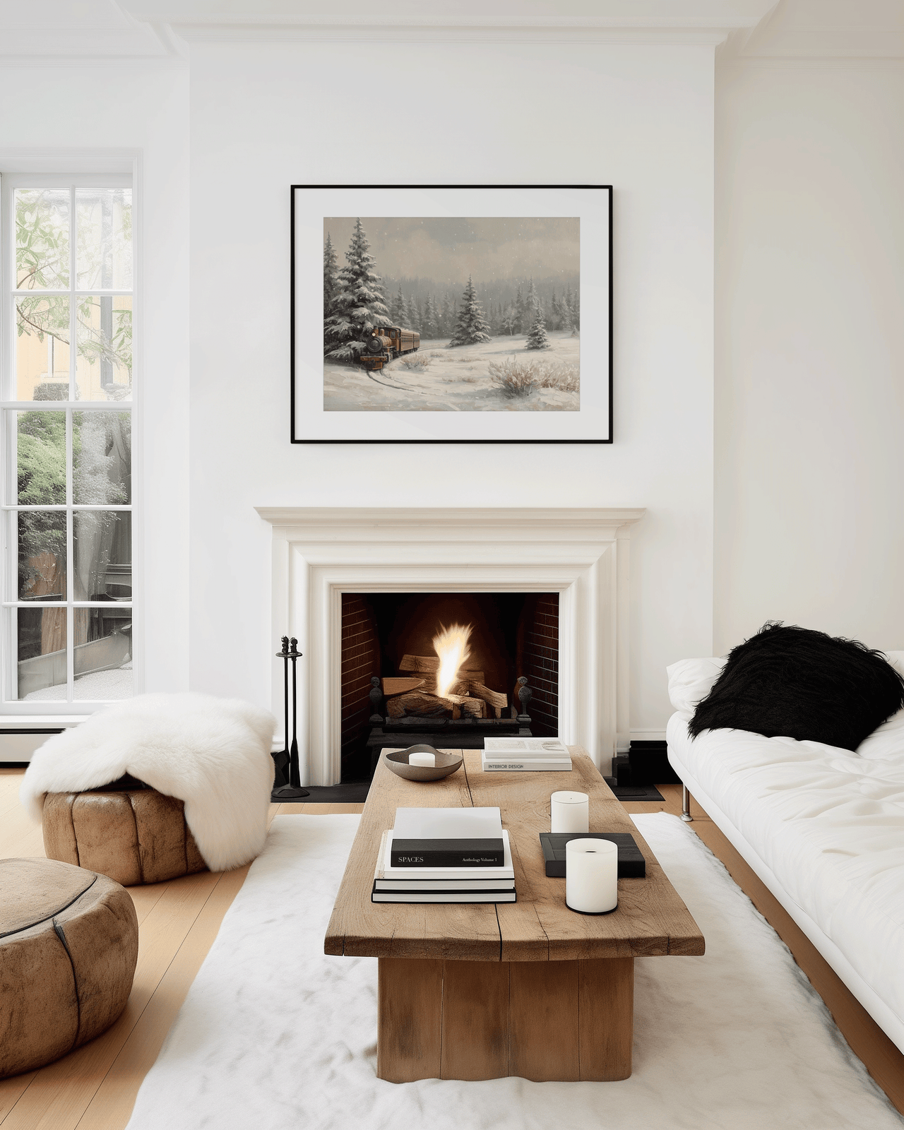 Minimal modern living room with a clean white fireplace and wood coffee table, showcasing a framed snowy winter train landscape print featuring frosted pine trees and soft cottagecore neutrals.