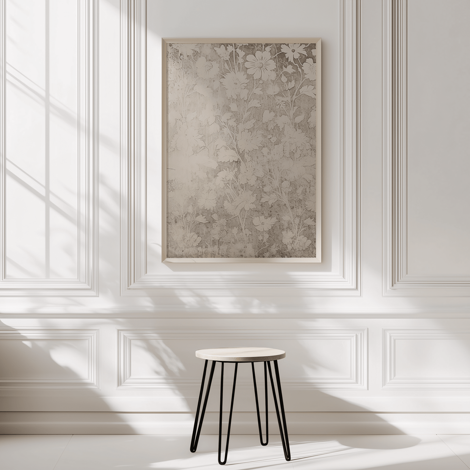 minimalist botanical wall art framed print on neutral wall with stool and soft lighting