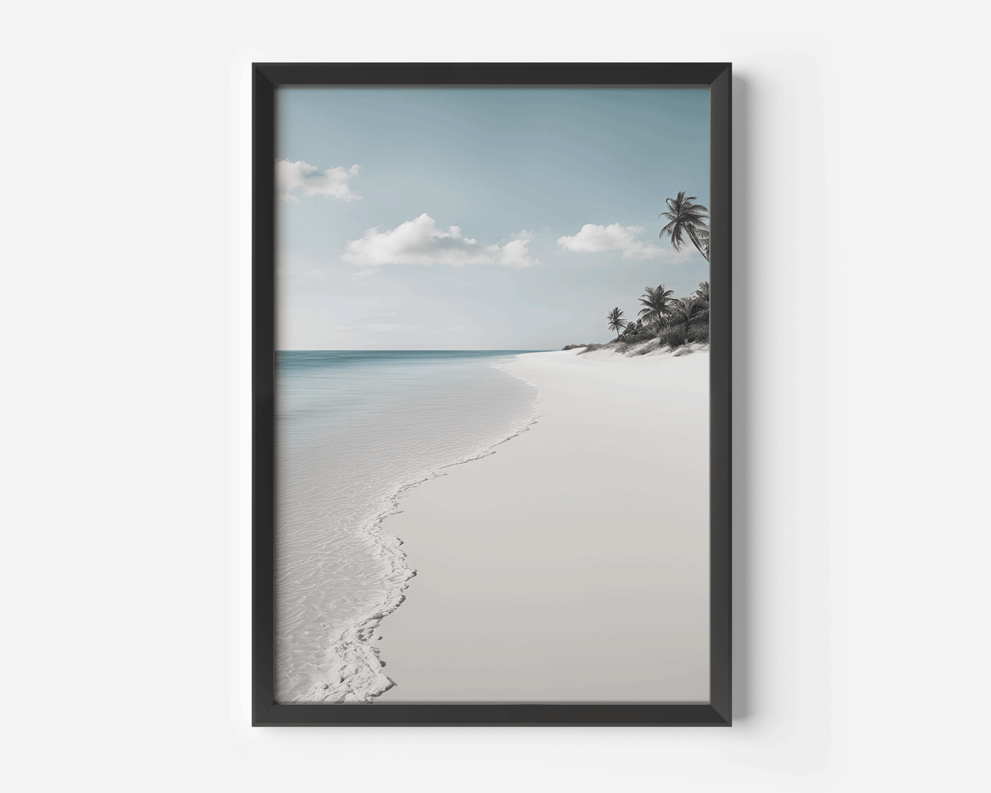 minimalist ocean print with soft shoreline and palm trees in sleek black frame, modern coastal interior styling