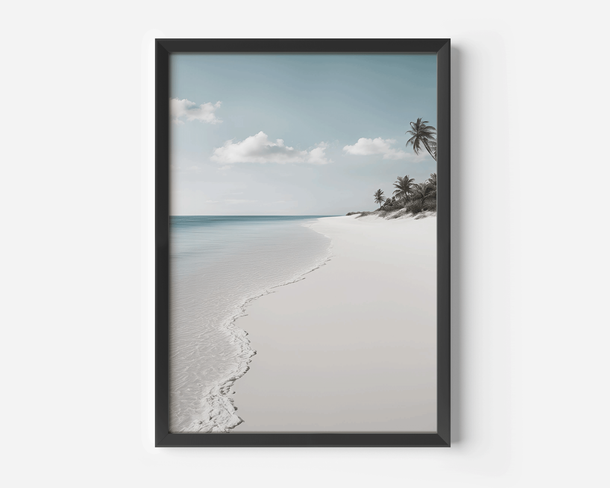 minimalist ocean print with soft shoreline and palm trees in sleek black frame, modern coastal interior styling