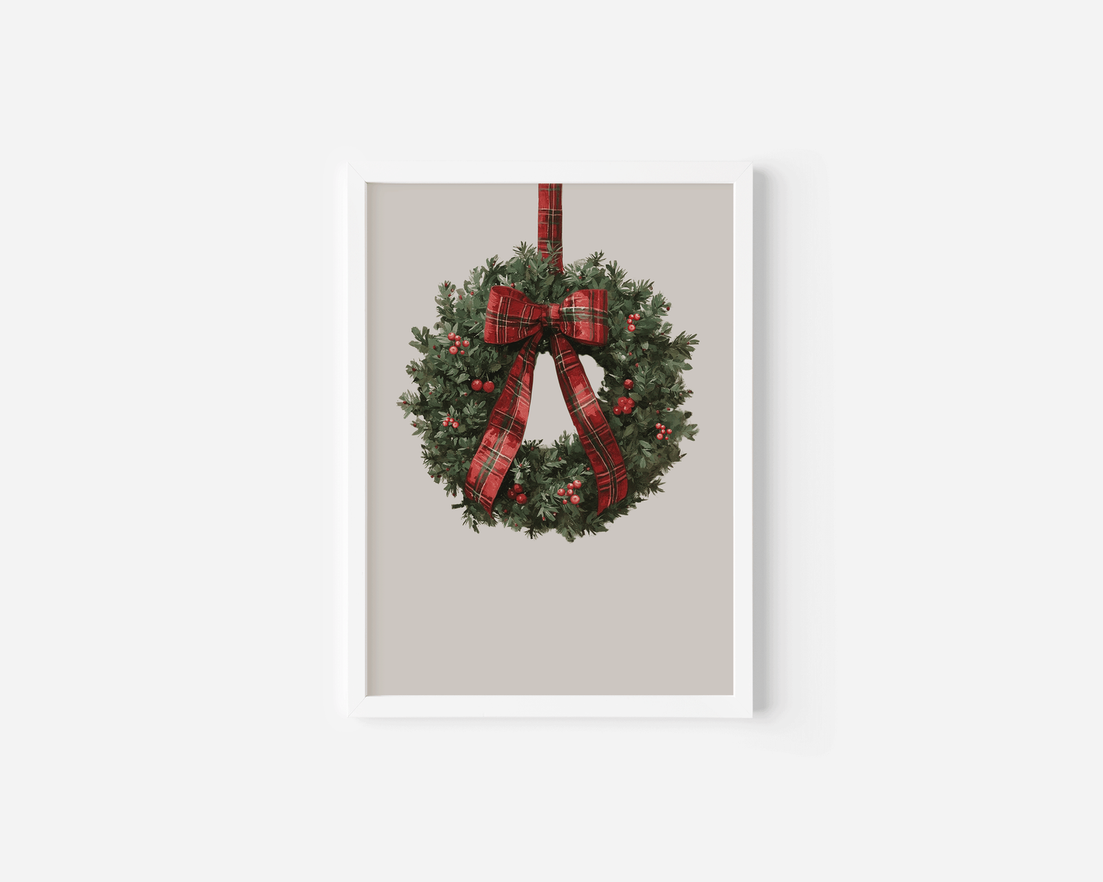 Minimalist Ralph Lauren Christmas wreath print in white frame with tartan bow, neutral modern Christmas decor wall art