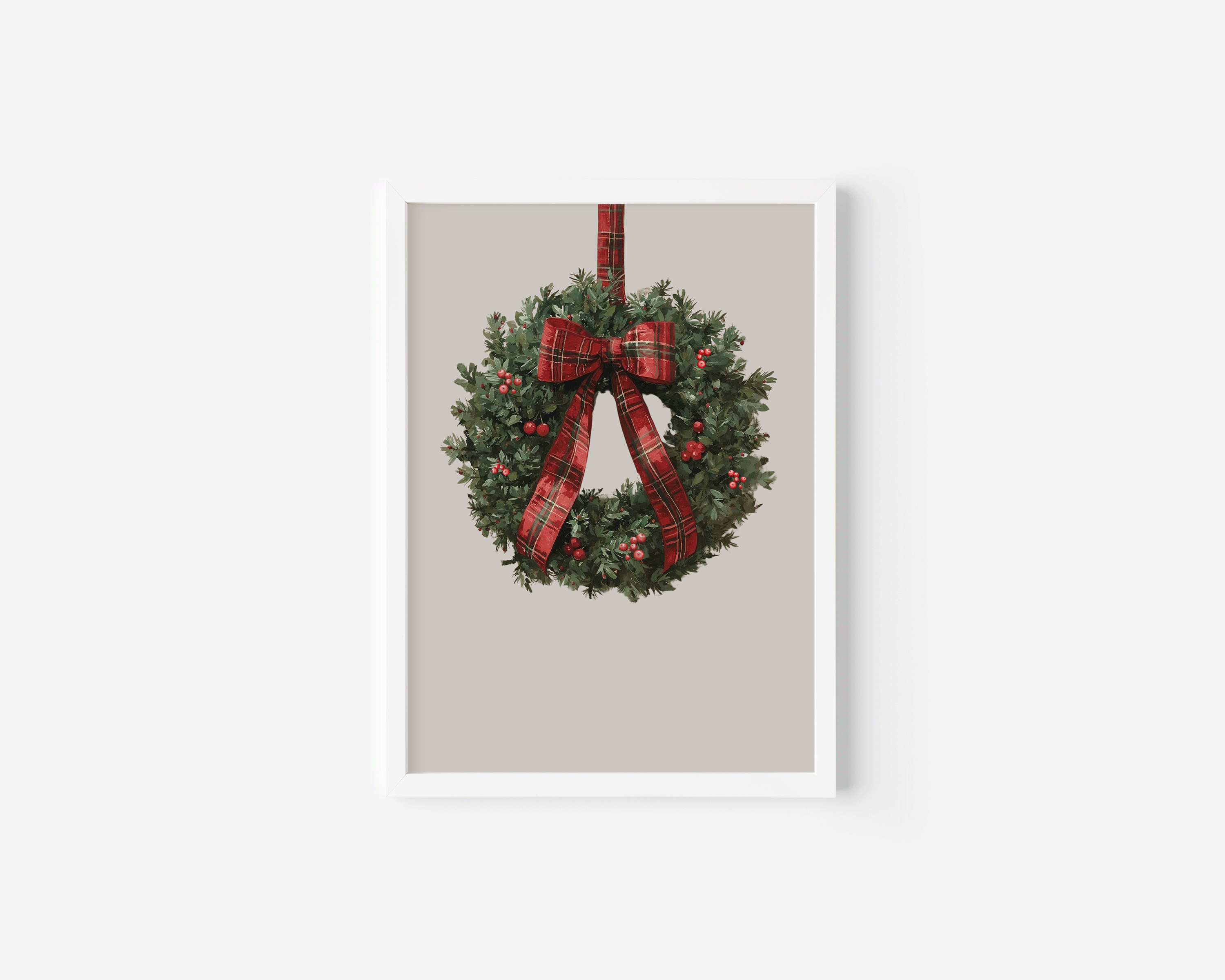 Minimalist Ralph Lauren Christmas wreath print in white frame with tartan bow, neutral modern Christmas decor wall art