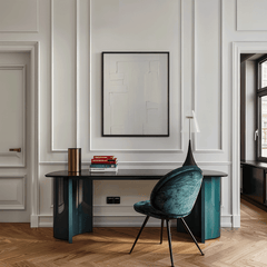 Modern office setup with a desk and chair in a stylish room and a white on white faux-textured minimal abstract wall art framed above the desk.