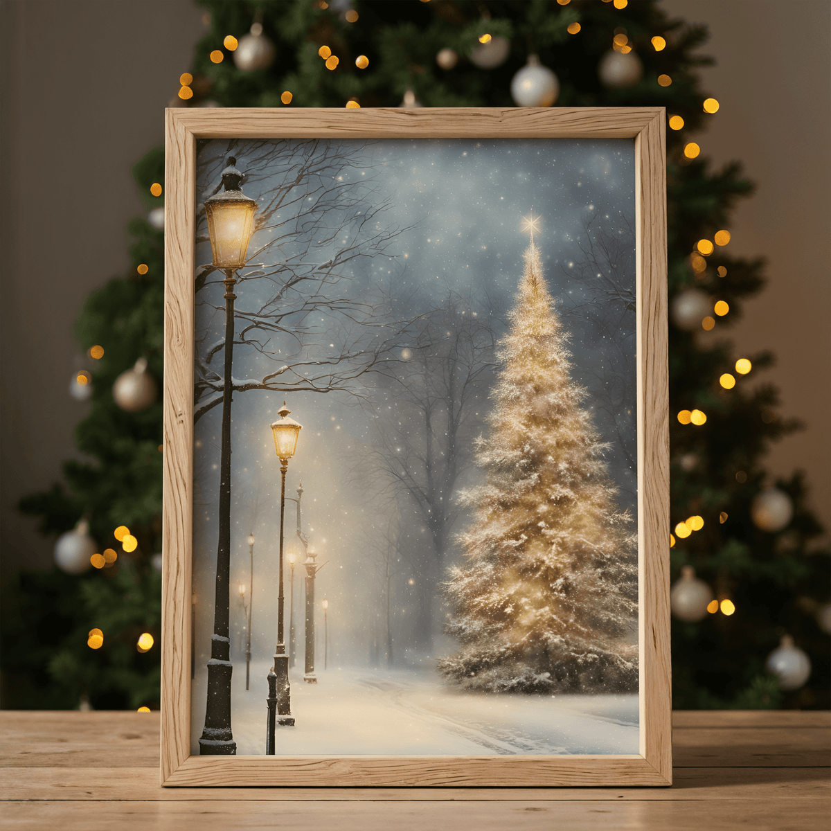 Golden Christmas tree wall art on a snowy night in a natural wood frame with soft background lights