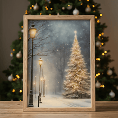 Golden Christmas tree wall art on a snowy night in a natural wood frame with soft background lights