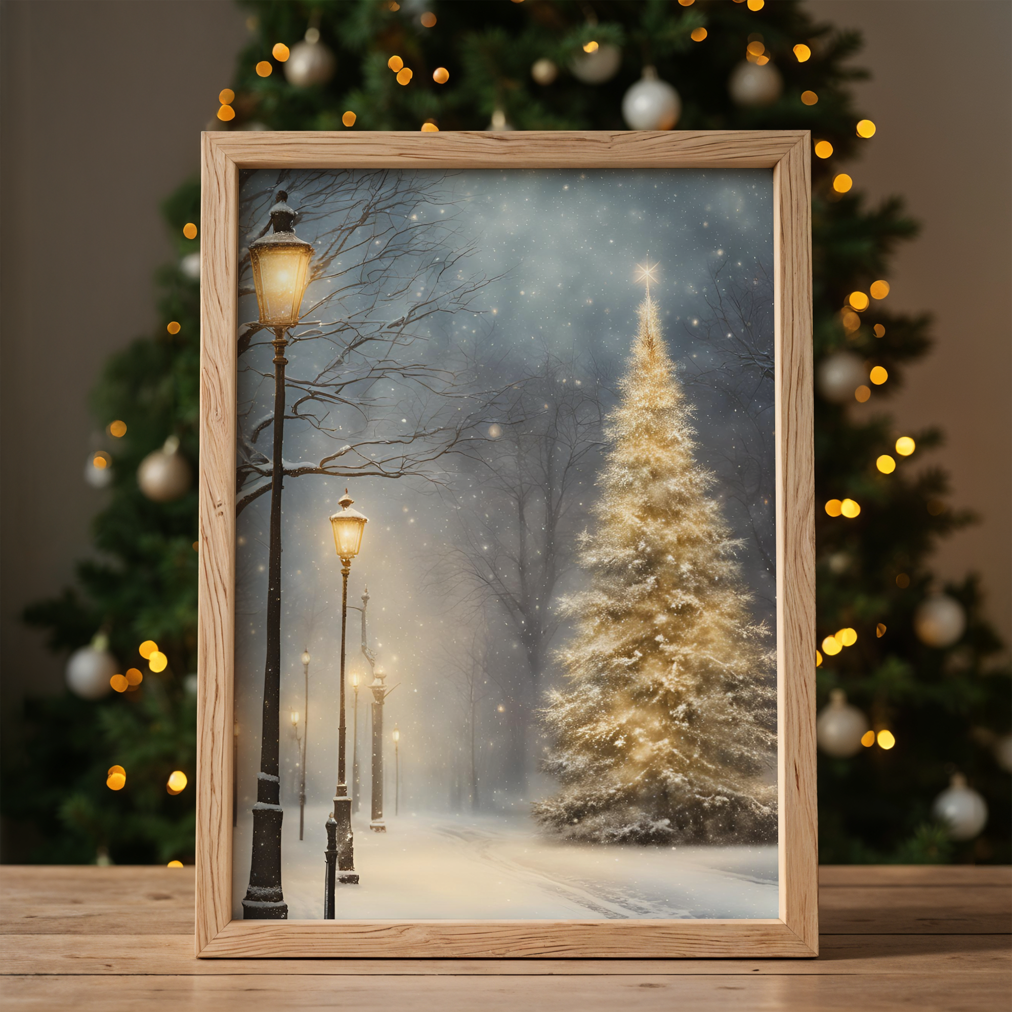 Christmas wall art print capturing a peaceful snowy night with a golden tree glowing beneath lampposts, framed in natural wood with soft background lights. Ralph Lauren Christmas holiday wall decor