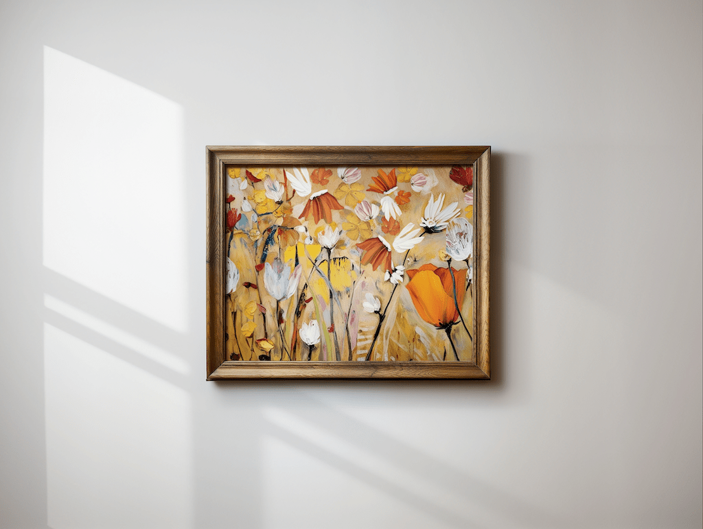 Modern abstract botanical wall art canvas print featuring orange, yellow, white and gold lowers in an impressionist style. Brown wooden frame on a white wall.