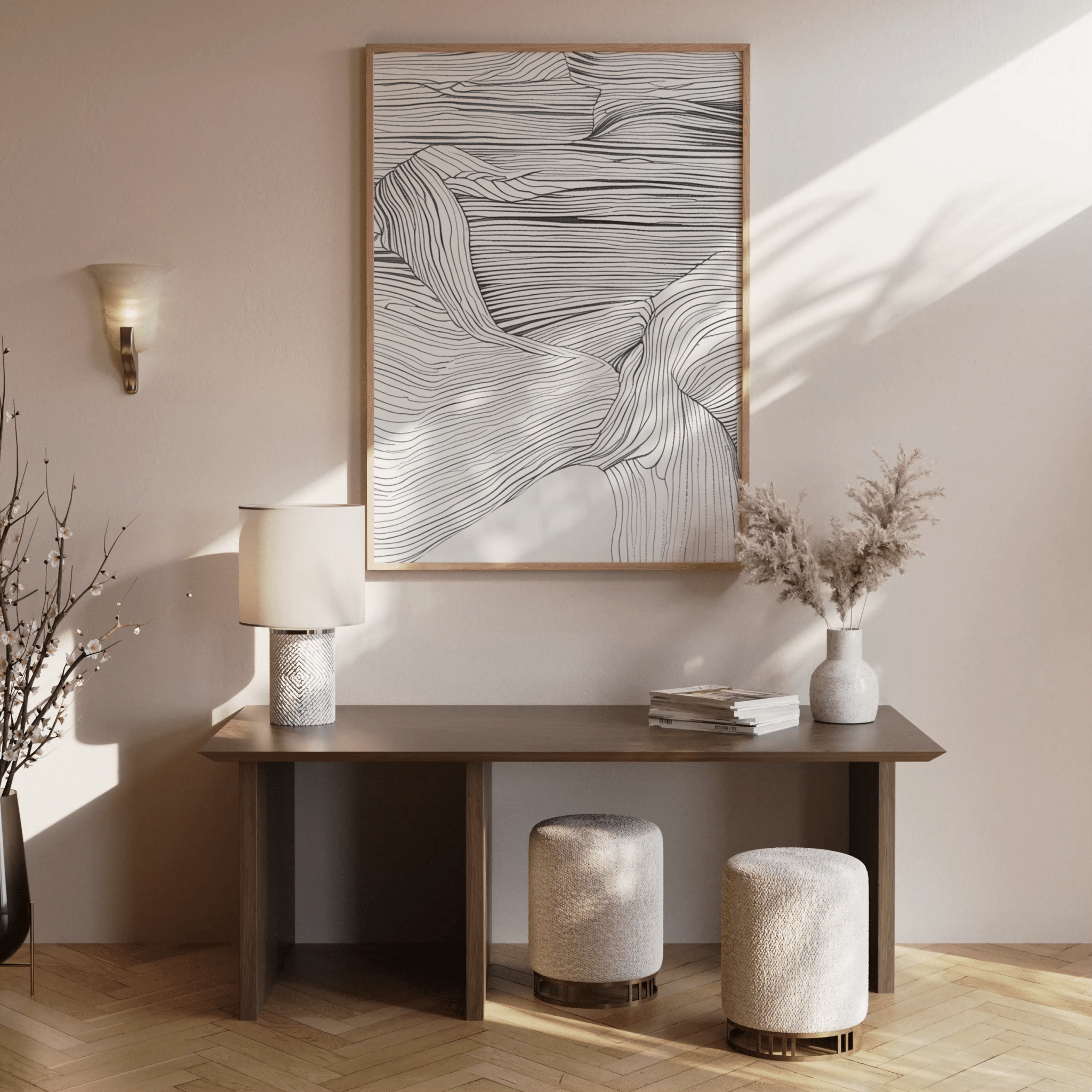 Modern abstract line art print in black & white mounted above a console table in a minimalist entryway or hallway.