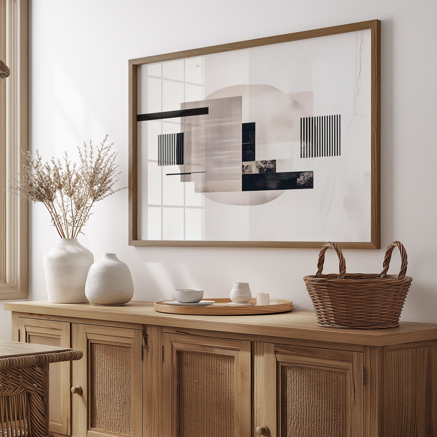 Minimalist geometric mid-century modern canvas art styled in a dining room with brown wooden console