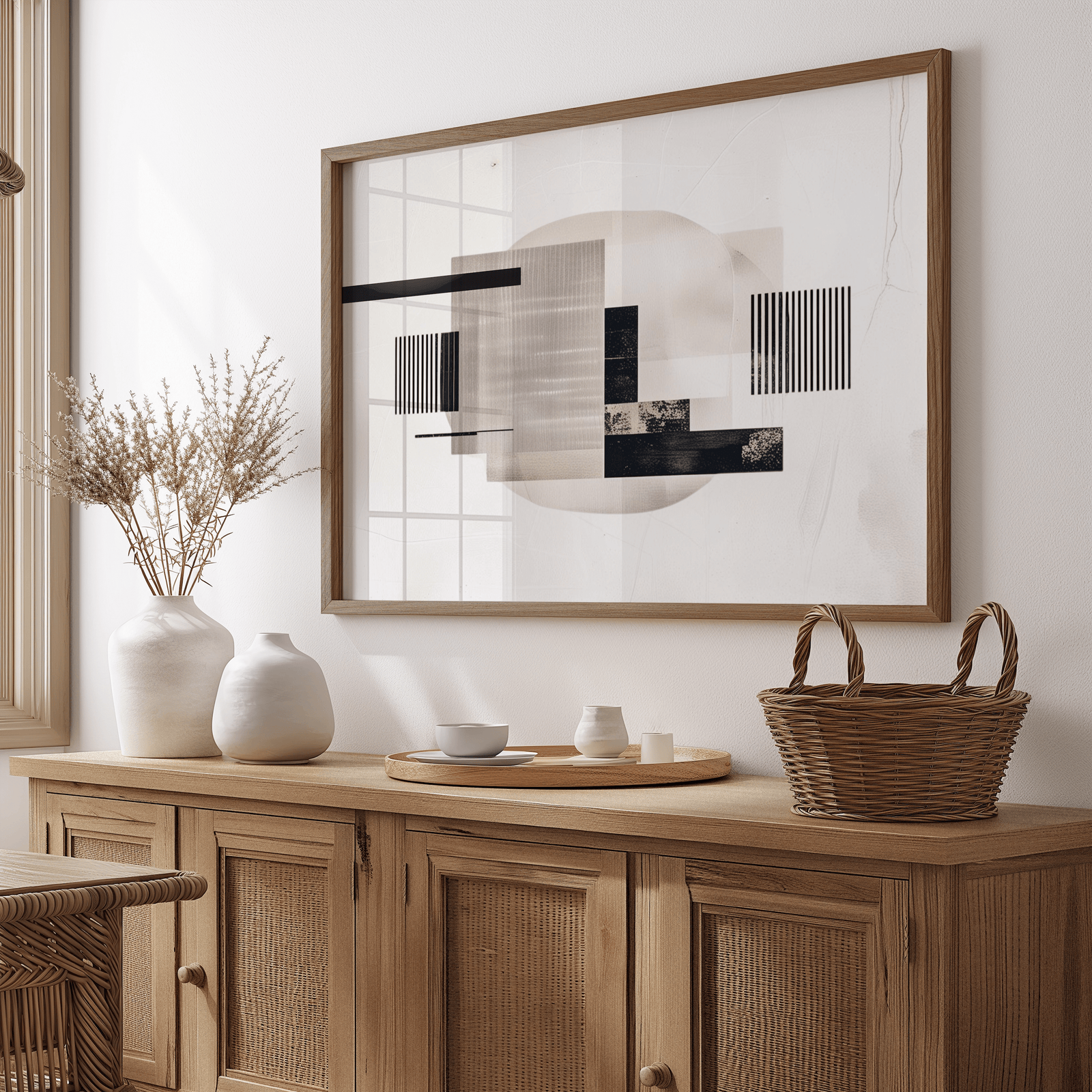 Minimalist geometric mid-century modern canvas art styled in a dining room with brown wooden console