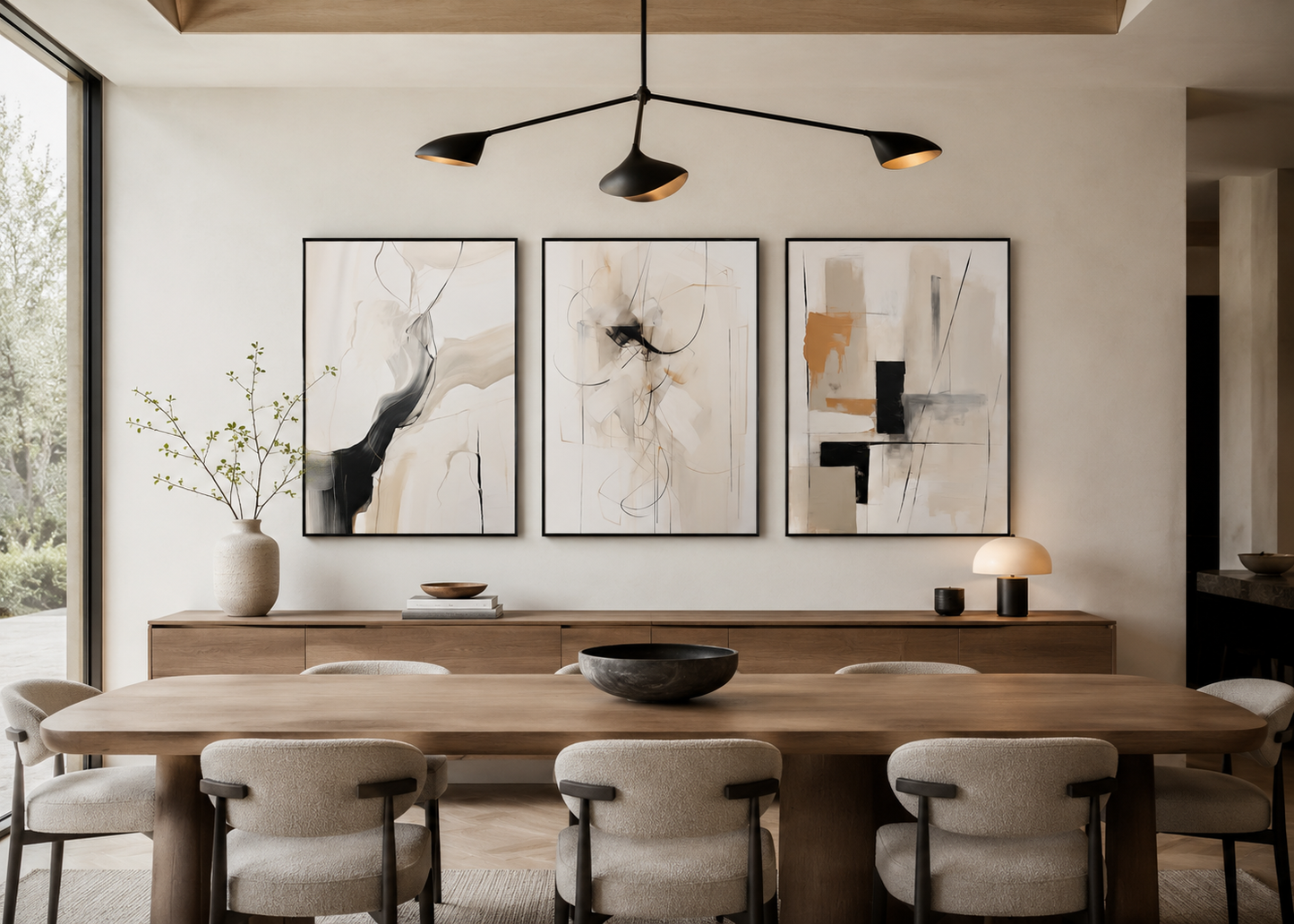 Three-piece abstract wall art gallery displayed in a contemporary dining room featuring warm wood furniture, black frames, neutral tones, and modern designer styling.