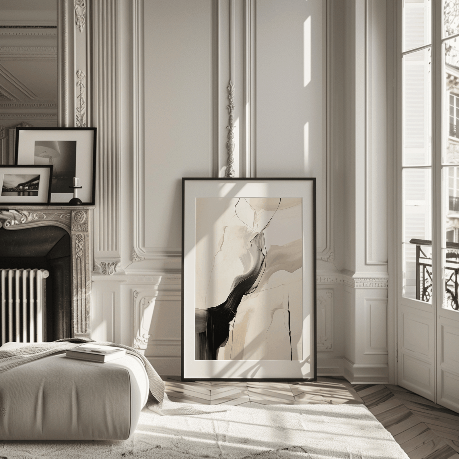 Modern living room interior with a black-framed large abstract wall art with a mix of black, beige and white flowing movement. against the wall next to a fireplace.