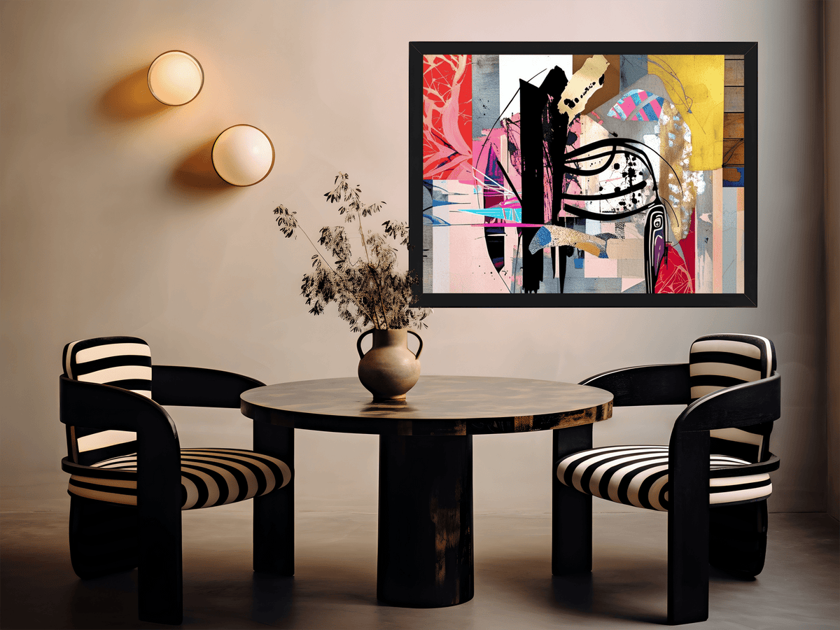 Modern bold abstract wall art with a black frame, layered geometric forms and expressive lines in a modern, trendy dining room. Black accents, striped black and white contemporary chairs and a marble round dining table.