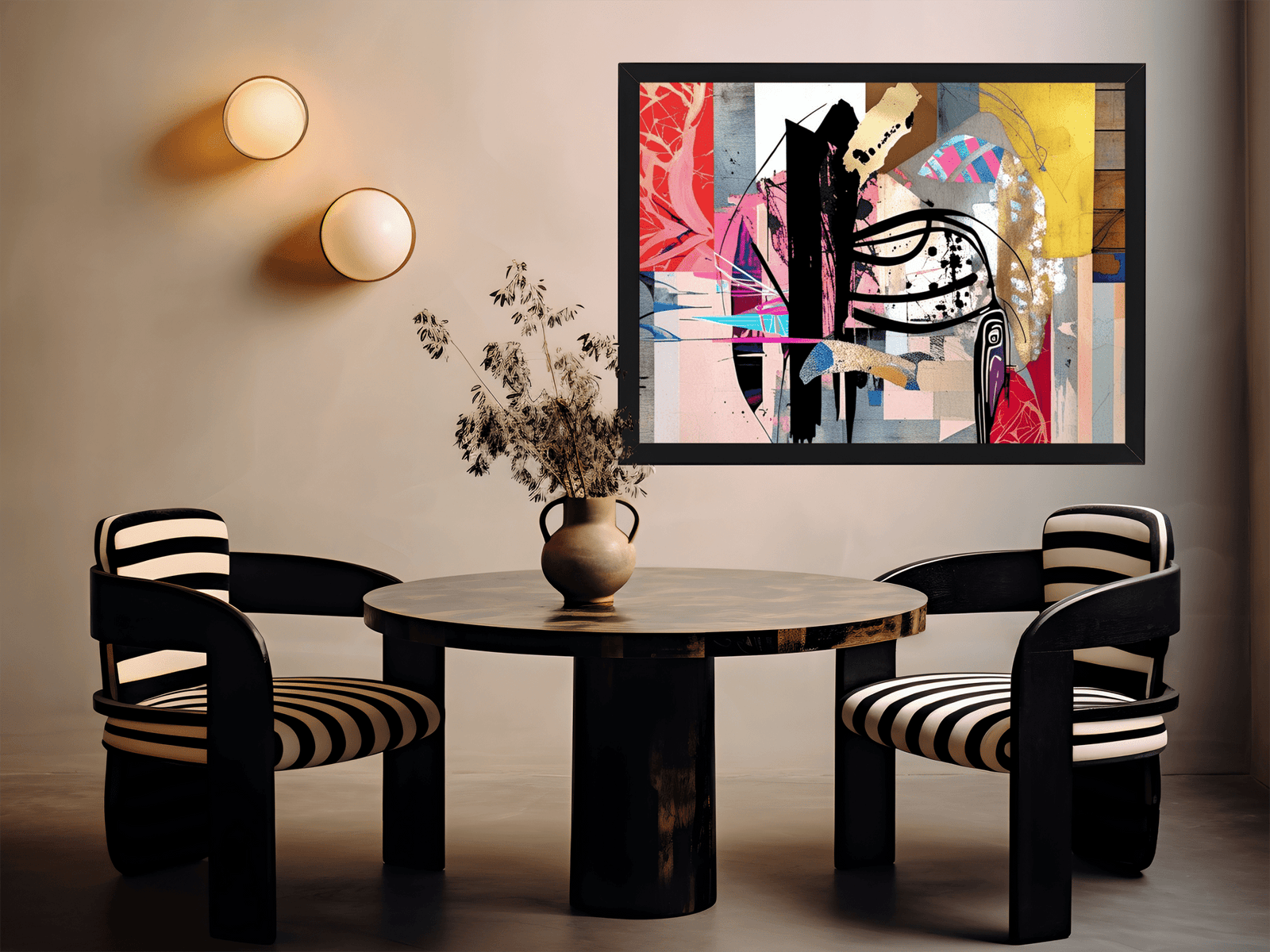 Modern bold abstract wall art with a black frame, layered geometric forms and expressive lines in a modern, trendy dining room. Black accents, striped black and white contemporary chairs and a marble round dining table.
