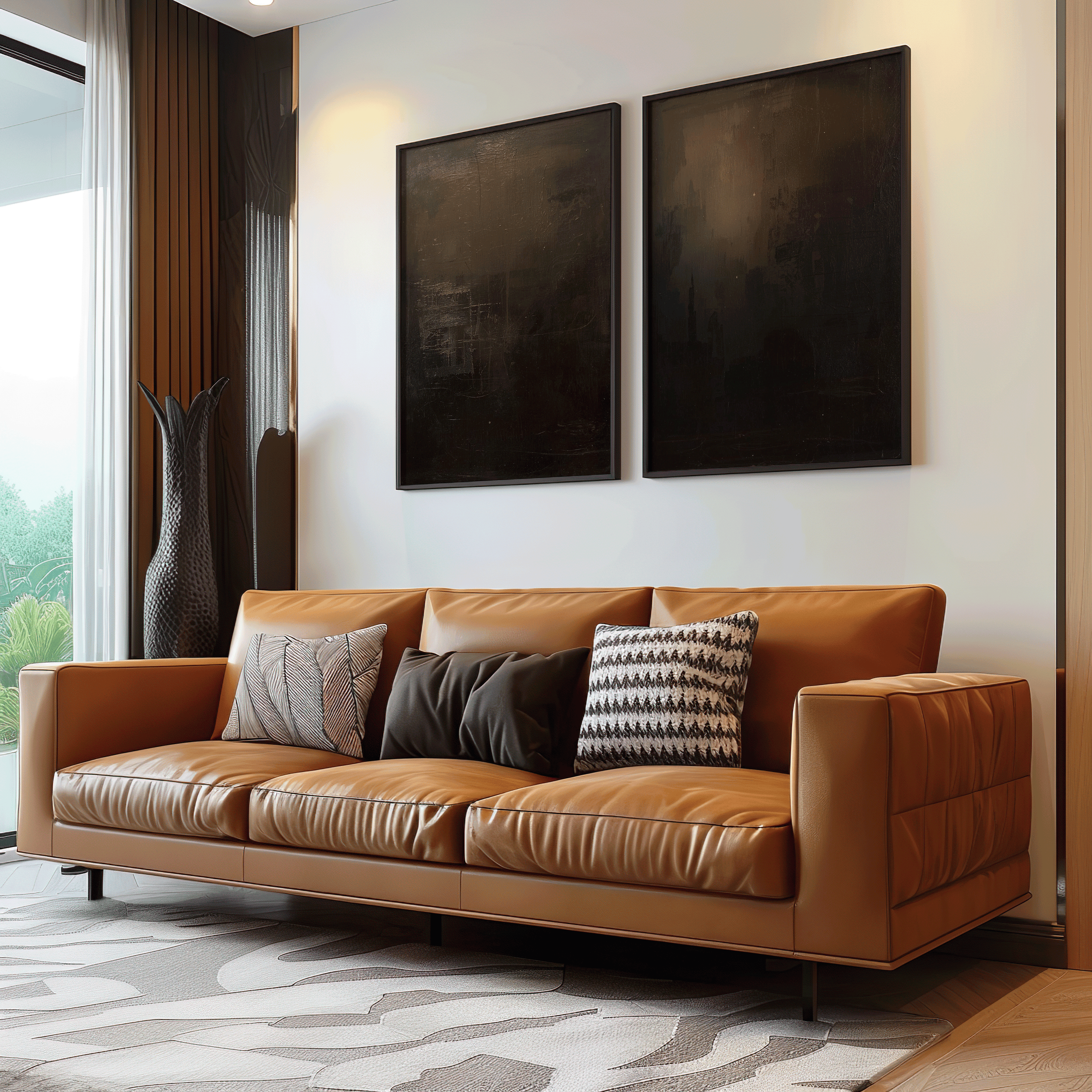 two dark abstract art pieces in charcoal and brown tones mounted above a caramel leather sofa with patterned throw pillows in a contemporary living room with warm wood accents and soft natural light