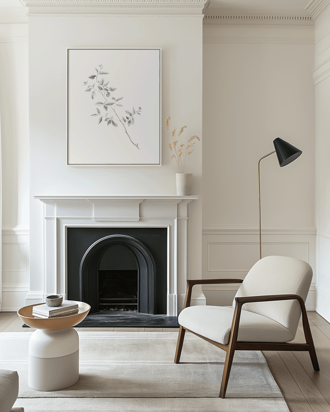Large framed vintage botanical line art print styled above fireplace in neutral modern living room