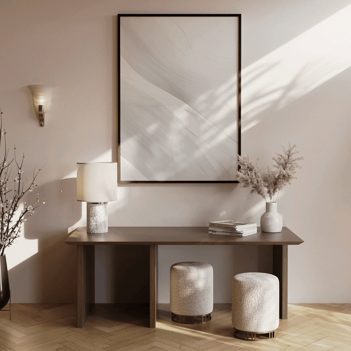 Large modern neutral abstract wall art in white and grey framed in black above wood console table in entryway decor