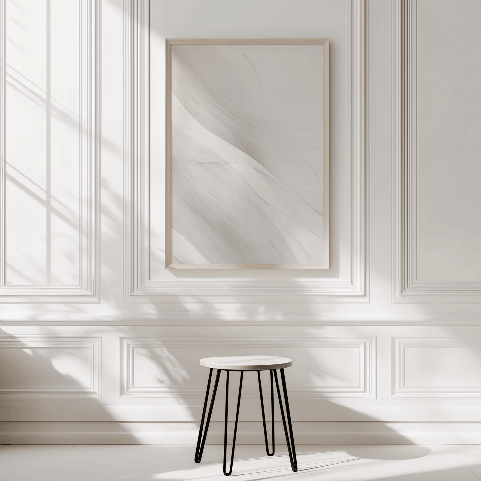 Modern large wall art featuring light grey and white abstract design with minimal flowing lines on a white wall with a stool in front