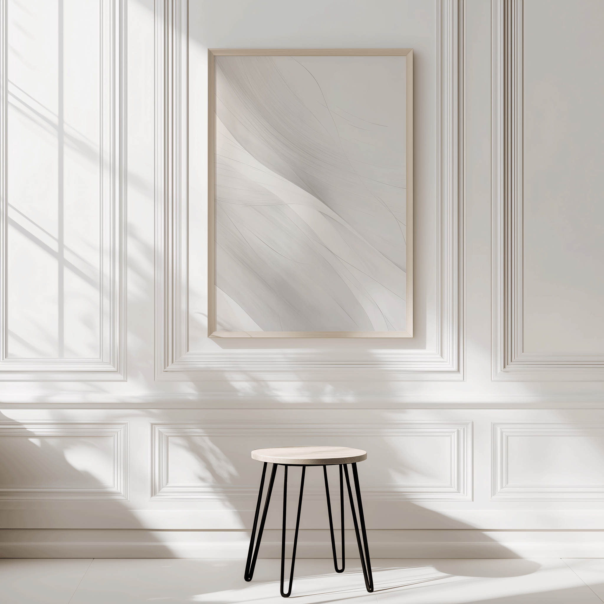 Modern large wall art featuring light grey and white abstract design with minimal flowing lines on a white wall with a stool in front