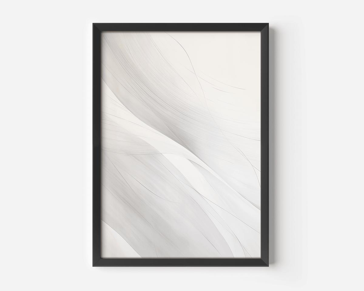 Modern large wall art featuring light grey and white abstract design with minimal flowing lines and a black frame on a white wall