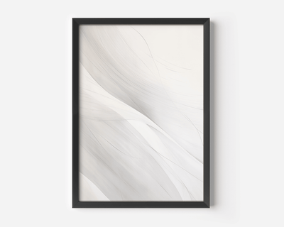 Modern large wall art featuring light grey and white abstract design with minimal flowing lines and a black frame on a white wall