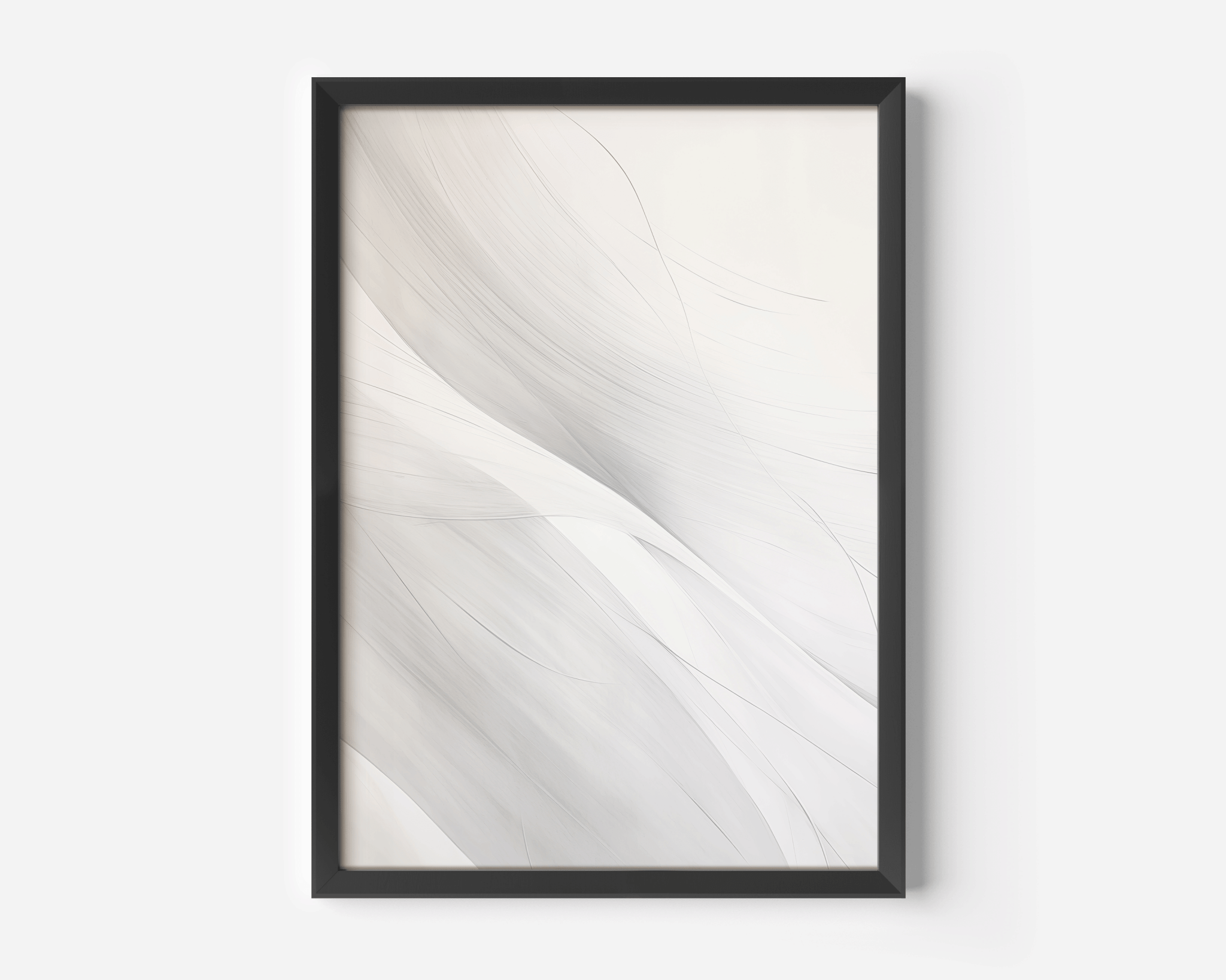 Modern large wall art featuring light grey and white abstract design with minimal flowing lines and a black frame on a white wall