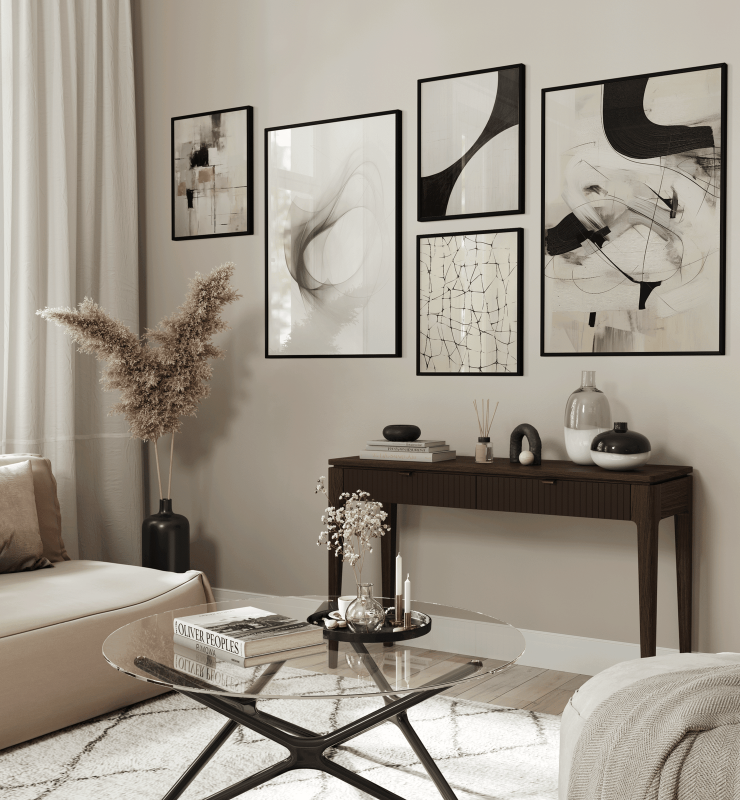 Contemporary living room showing five black-framed black, white and beige abstract prints on a taupe wall, styled above a console table with decor.