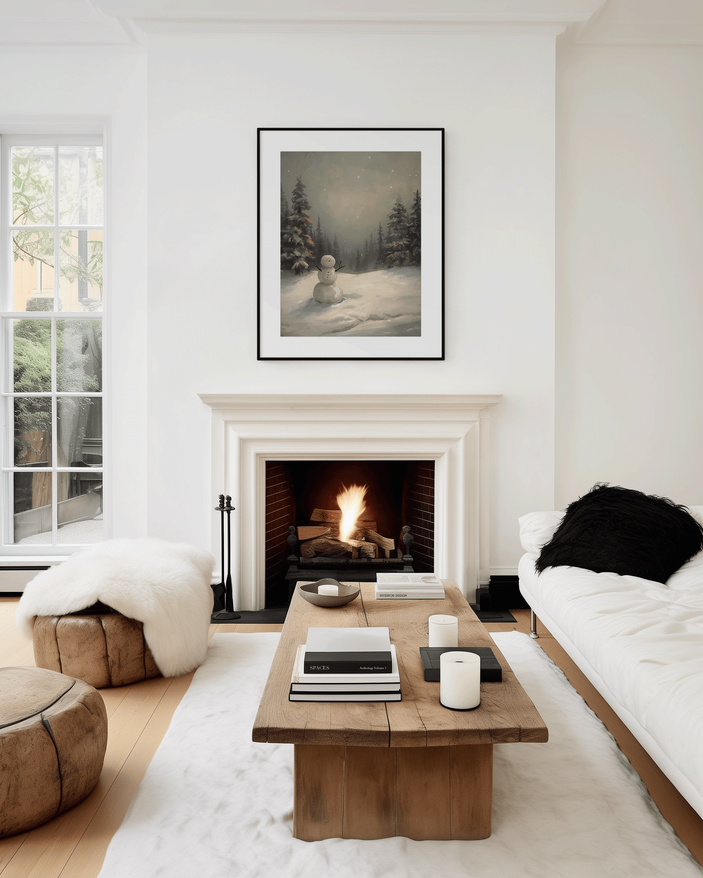 Snowman winter canvas print displayed above fireplace in modern neutral living room with wood coffee table and white sofa