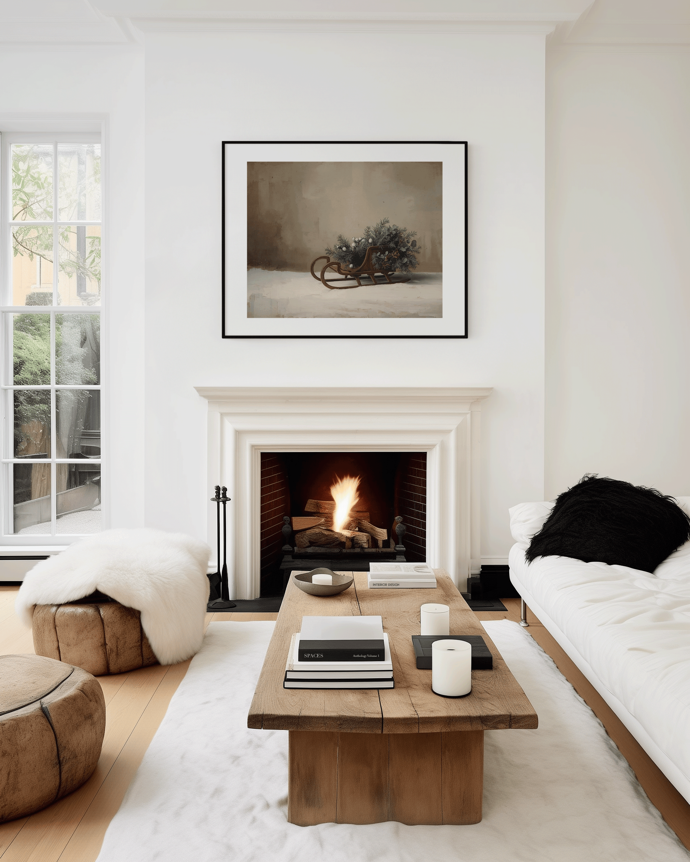 Modern minimalist living room with a central fireplace and a large framed vintage sleigh art print above it, styled with natural wood furniture, candles, and soft winter light