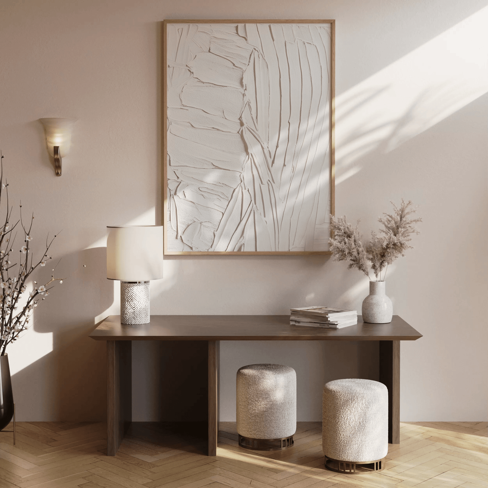 White faux textured minimalist wall art framed above console table in modern entryway in hallway