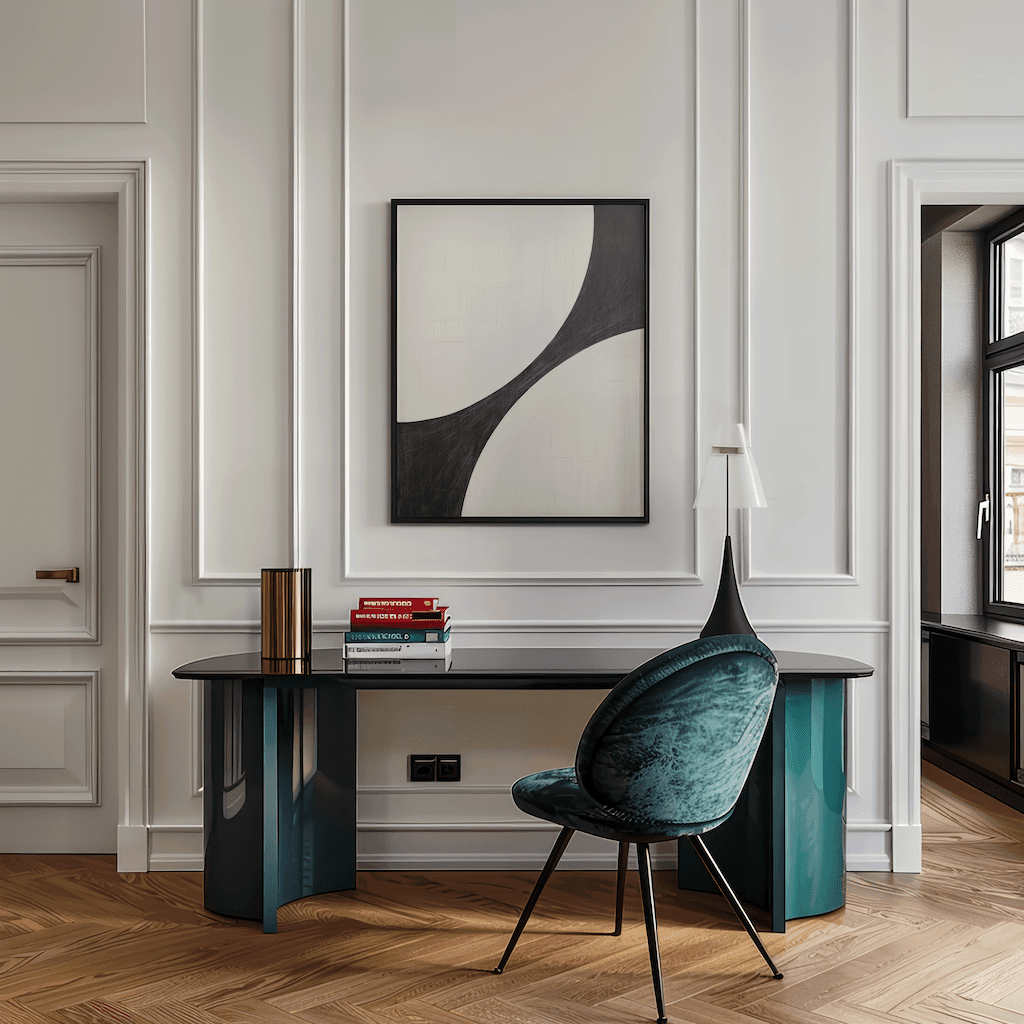 Framed minimalist curve abstract centered above a sleek home office desk with paneled walls.