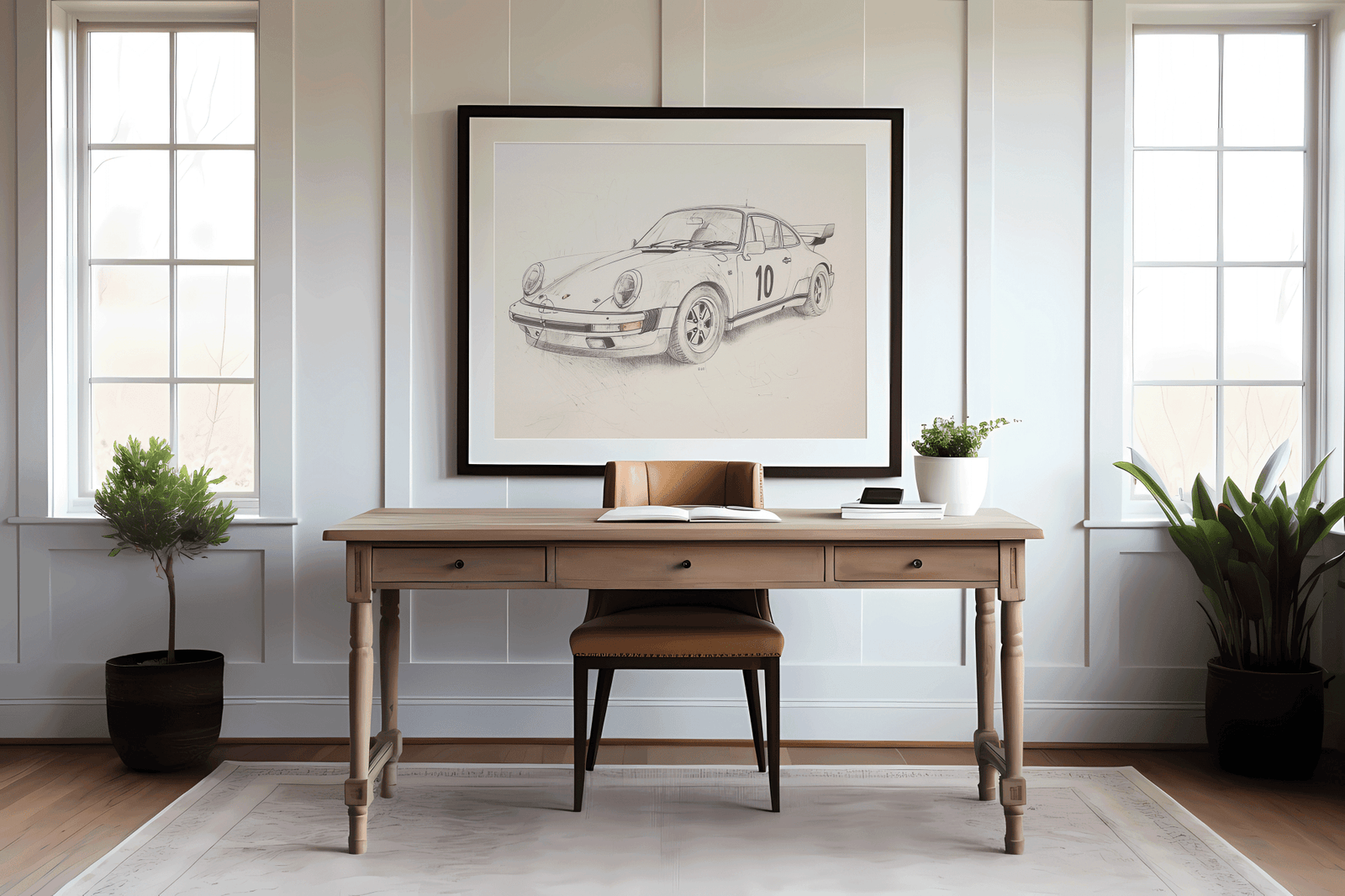 Home office with wooden desk, chair, and framed artwork of a vintage porsche race car on a white wall.