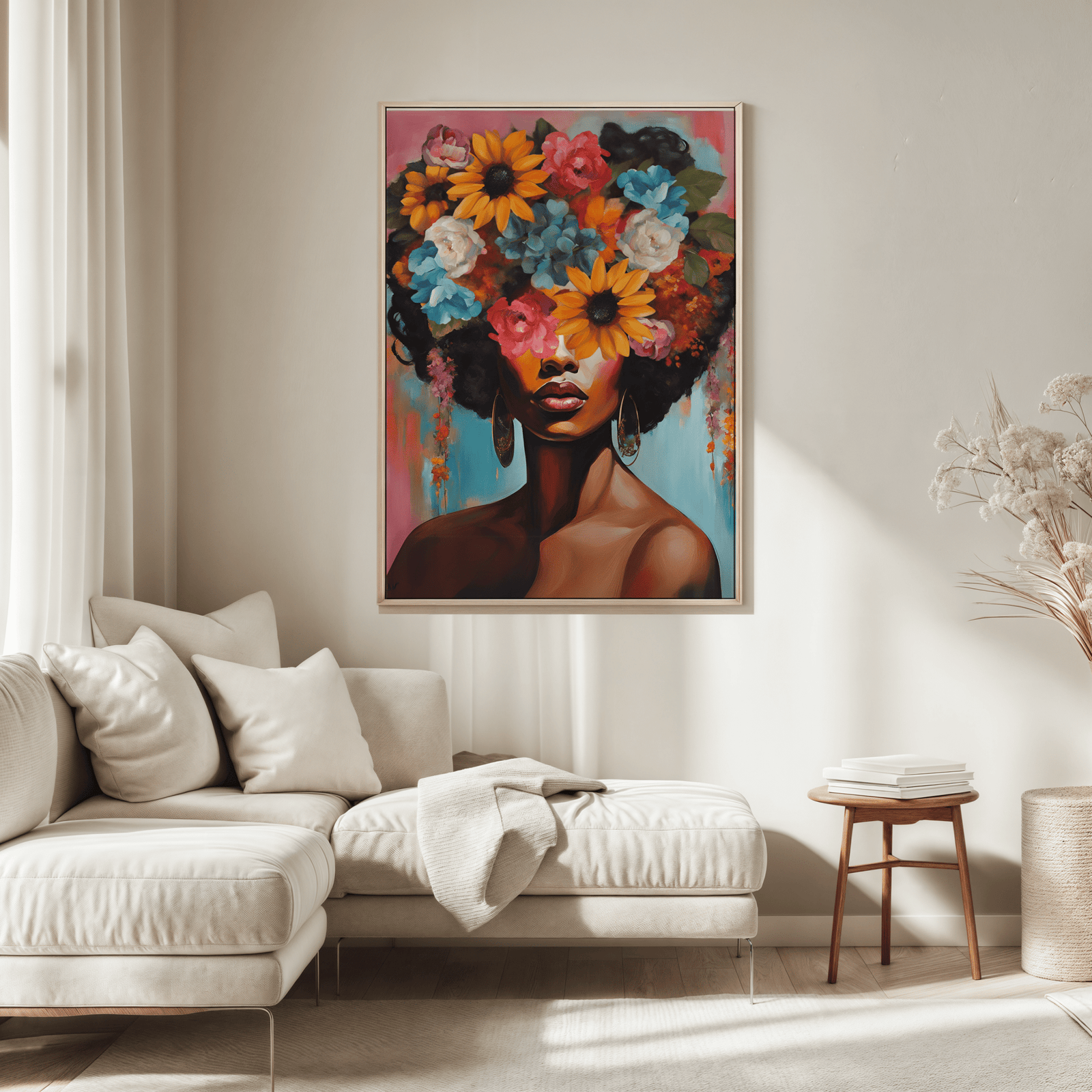 Modern portrait wall art of a Black female with floral crown headpiece covering her eyes, perfect for boho interiors with a contemporary flair. Bold framed wall art in a neutral living room above a beige sectional sofa.