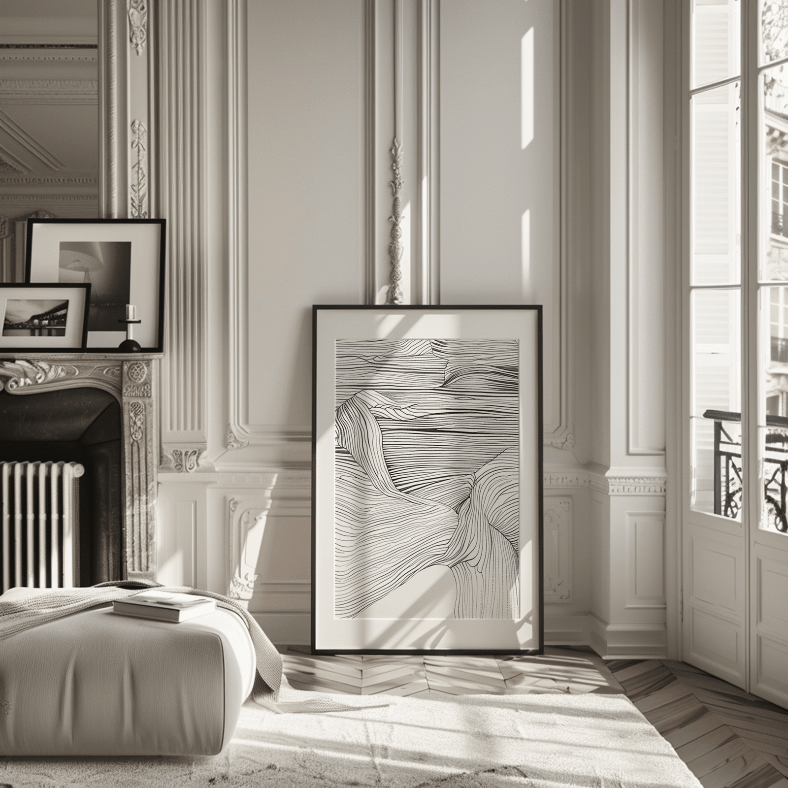 Framed black and white abstract line art print in a contemporary living room room with decorative wall paneling and a large window.