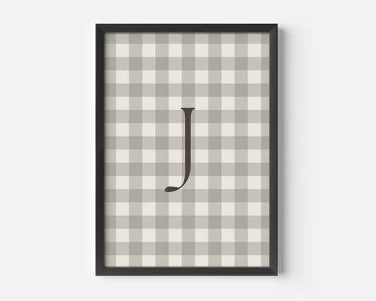 Personalized baby initial print J with soft beige checkered pattern and serif font, boy nursery play room bedroom

