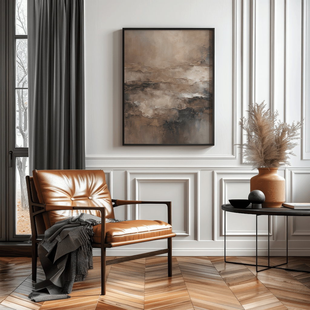 Modern living room with brown leather chair, moody brown abstract framed print, and decorative elements.